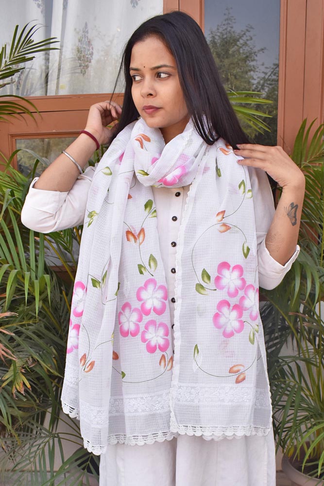 Kota Cotton Dupatta with Hand Paint Hand Chikankari embroidery croc India1001