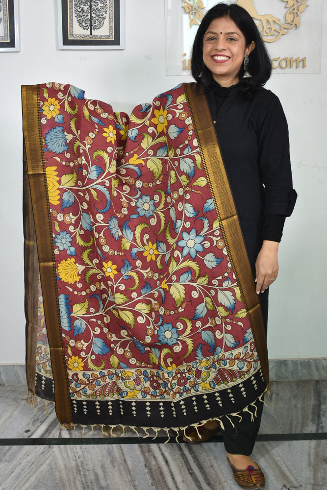 Beautiful Bangalore Cotton Silk Hand Painted Kalamkari Dupatta