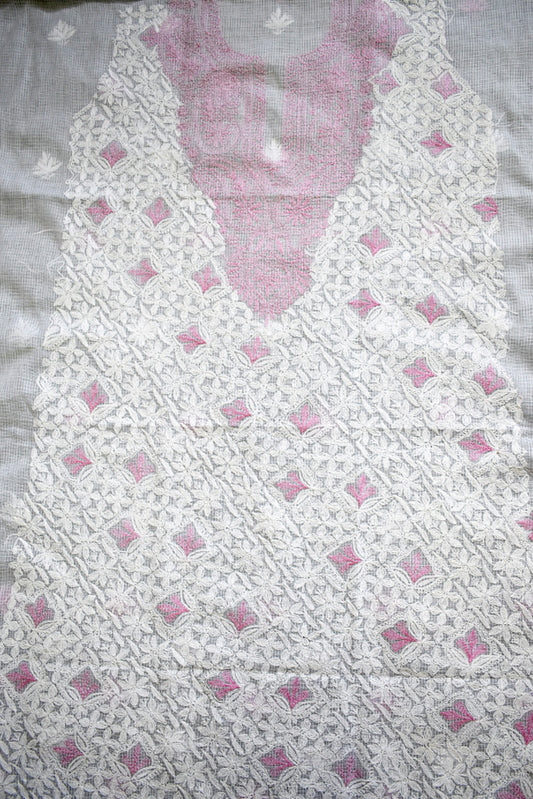 Designer Hand Embroidered Chikankari Tepchi work Kota Doria fabric - (3 - 3.1 mtrs )