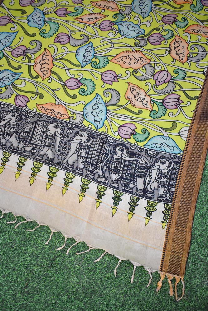 Beautiful Bangalore Cotton Silk Hand Painted Kalamkari Dupatta