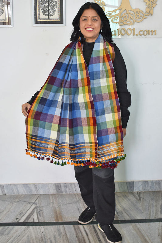 Warm Handwoven Bhujodi Handwoven Pure Wool stole with tassels