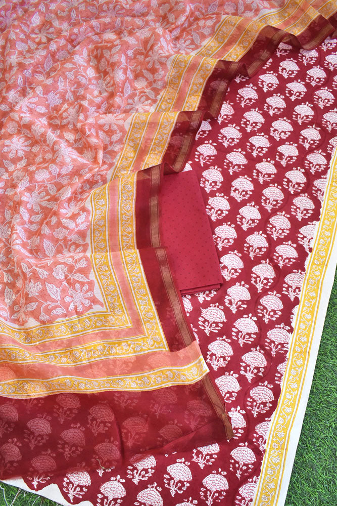 Hand Block Print Cotton suit with Chanderi dupatta