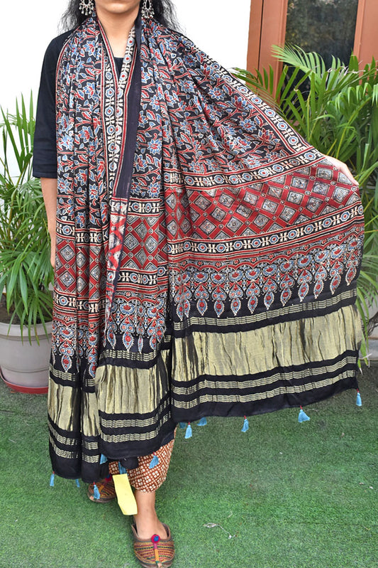 Elegant Modal Silk Ajrakh Block Print Dupatta with Lagdi Palla