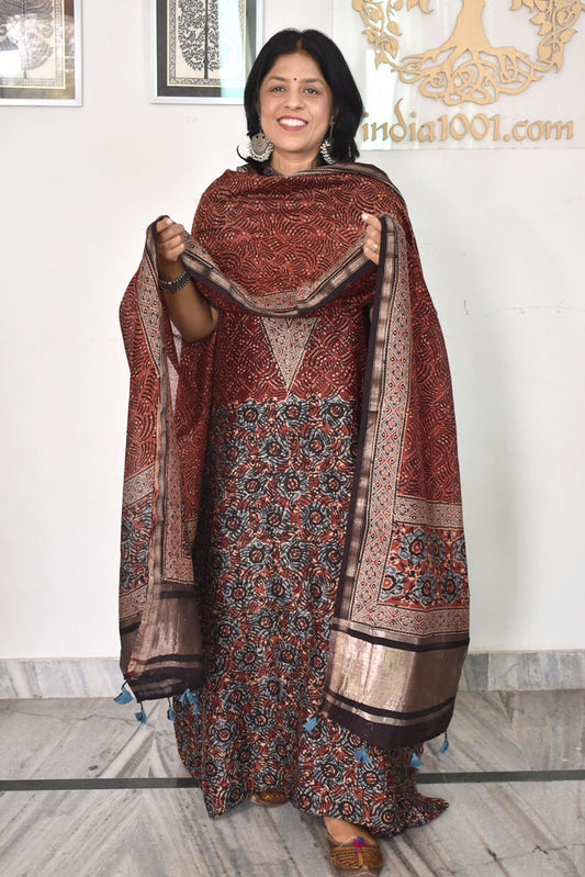 Beautiful Hand Block printed Kutch Ajrakh Chanderi Kurta and Lagdi patta dupatta set