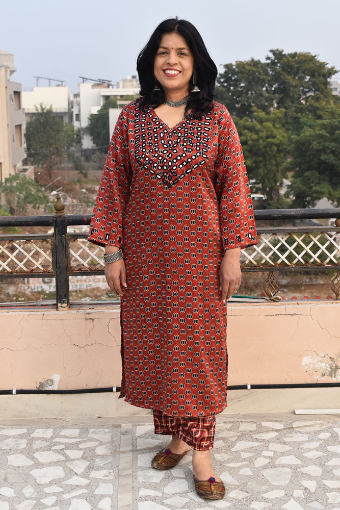 Beautiful Mashru Silk Kurta with Ajrakh block print & Kutch mirror work with Mashru Ajrakh pant - Size 38 - 48