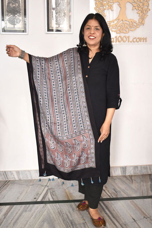 Beautiful Hand Block Printed Ajrakh Modal Silk stole with Tassels