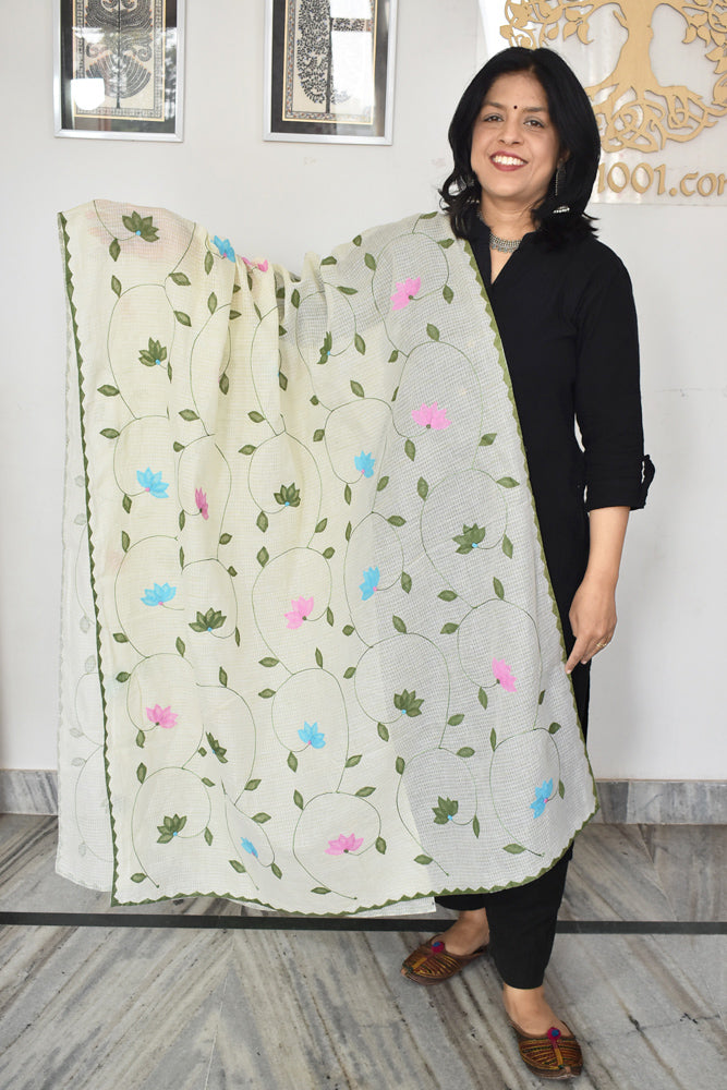 Handcrafted Phool Patti Applique & Hand Crochet work Kota cotton dupatta