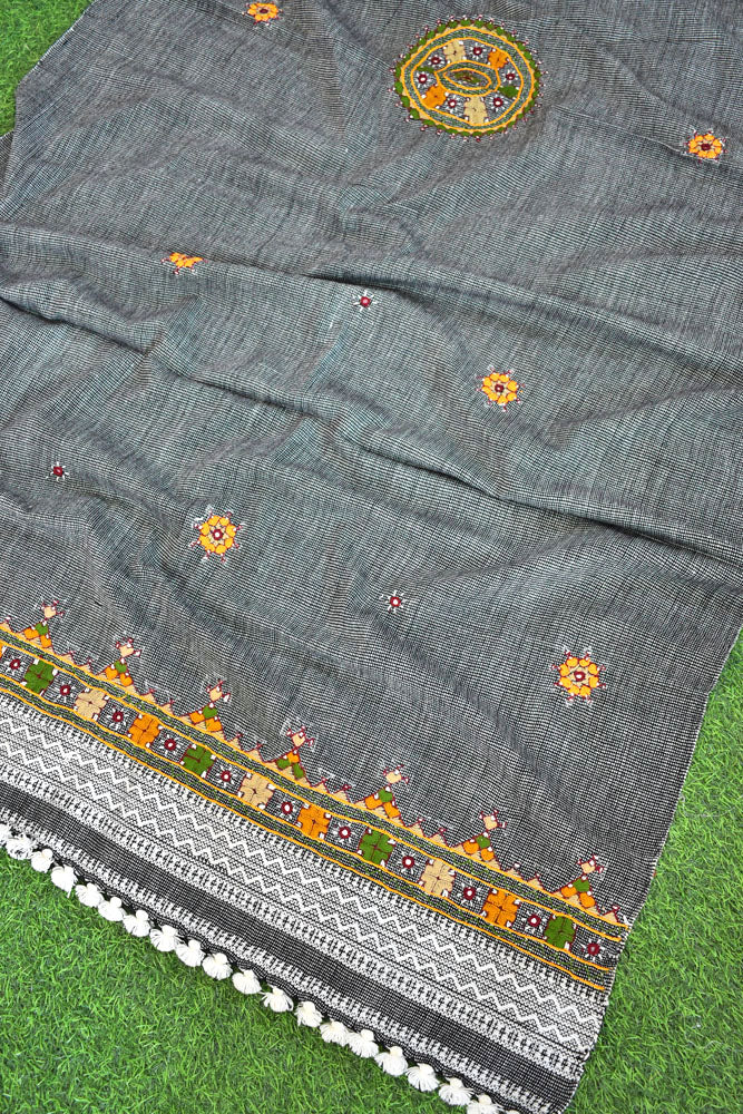 Handwoven Bhujodi Intricate Hand Embroidery & Hand  Mirror Work Woolen  Shawl