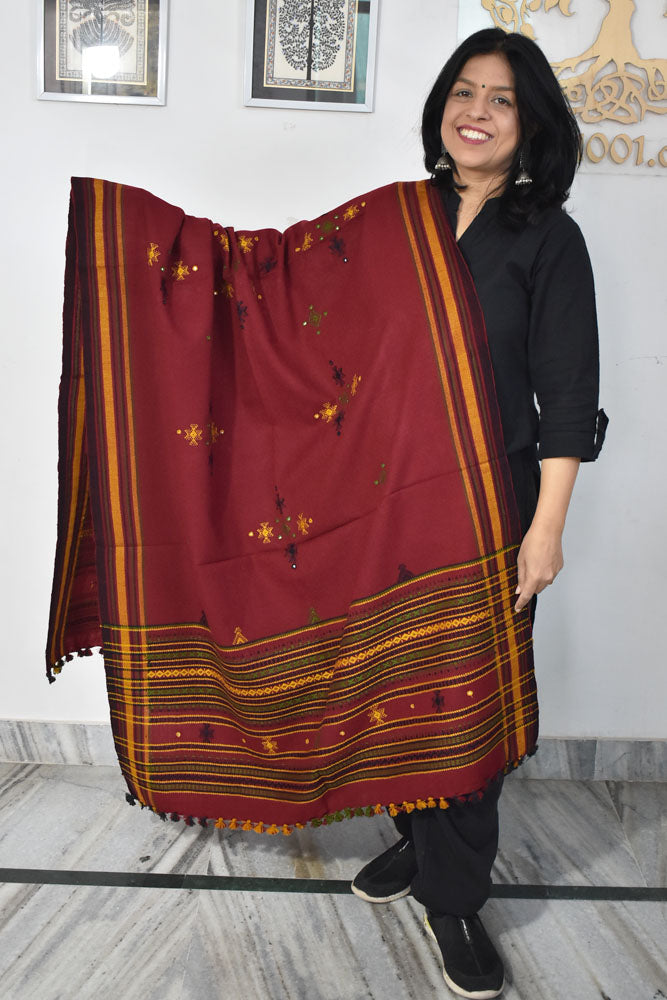 Handwoven Bhujodi Mirror Work Wool Stole / Shawl