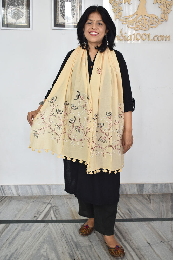 Beautiful Soft Cotton Voile Stole with Kantha work & hand embroidery & tassels