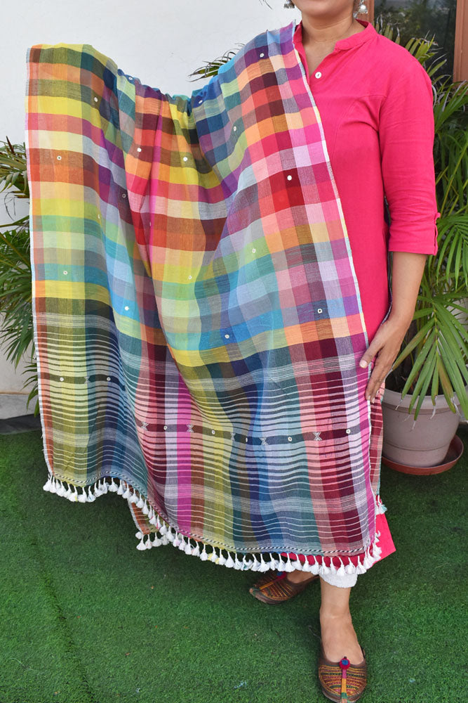 Elegant Handwoven Multicolor Checks Cotton Bhujodi Dupatta with Mirror  and Tassels