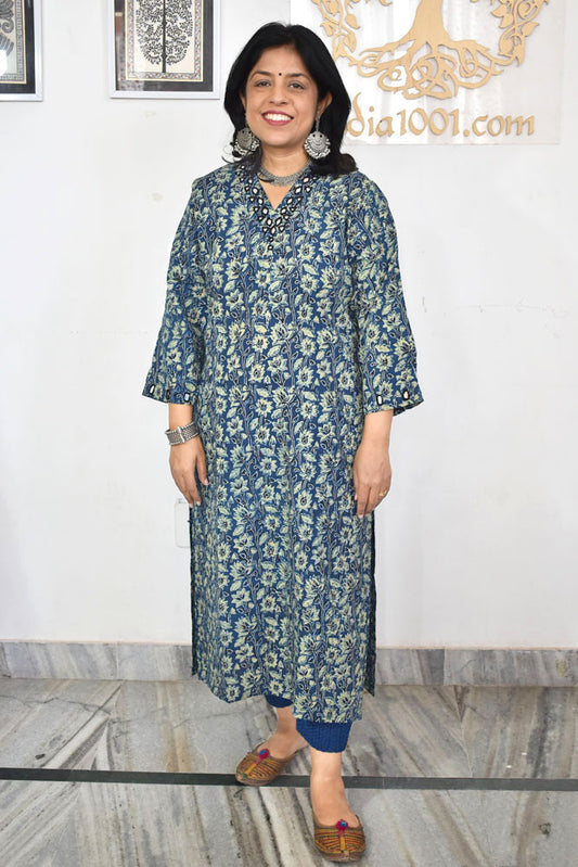 Beautiful Hand Block Printed Ajrakh Cotton kurta with Kutch Mirror work , Size 38 to 50 ( all sizes)