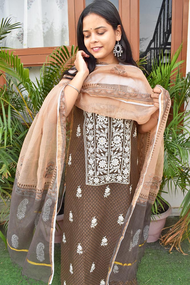 Beautiful Cotton Unstitched Suit Fabric with Embroidery work, Lace Detailing, Schiffli work bottom & & Kota Dupatta dupatta