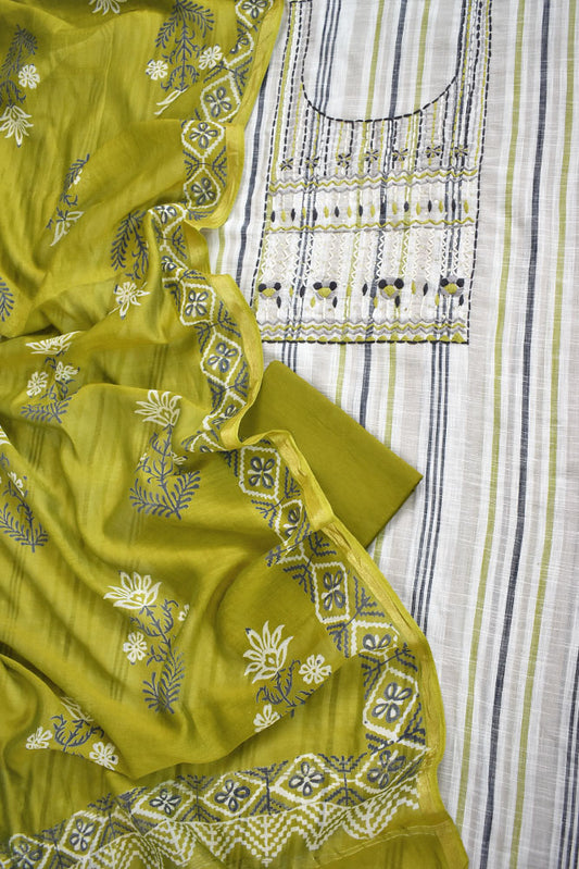 Premium Cotton Unstitched Suit with Intricate Hand Embroidery & Block print Chanderi dupatta