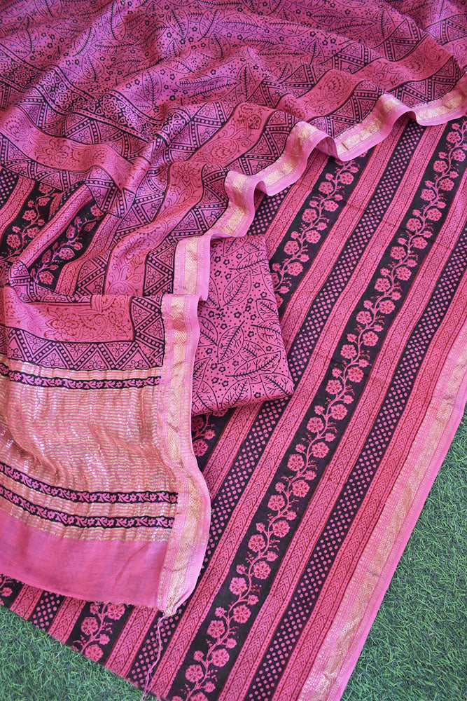 Bagh Hand Block Printed unstitched 3 pcs Handwoven Maheshwari suit fabric with Zari borders & Lagdi ( zari palla )