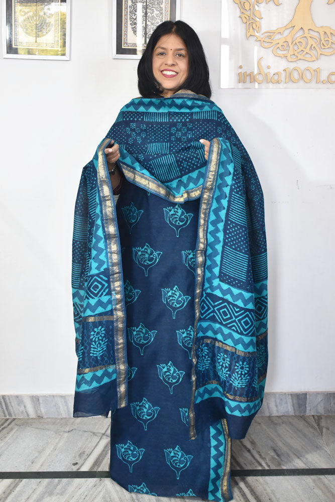 Beautiful Jahota Hand Block Printed Maheshwari Silk Cotton set with Bottom