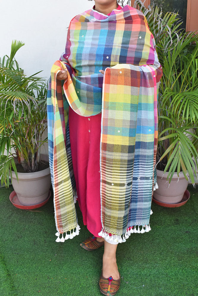 Elegant Handwoven Multicolor Checks Cotton Bhujodi Dupatta with Mirror  and Tassels