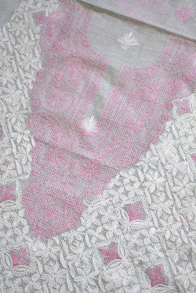 Designer Hand Embroidered Chikankari Tepchi work Kota Doria fabric - (3 - 3.1 mtrs )