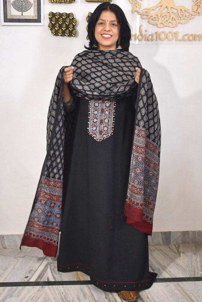 Beautiful  Cotton Unstitched Suit with Neck patch, Intricate Hand Embroidery & Block print Muslin dupatta