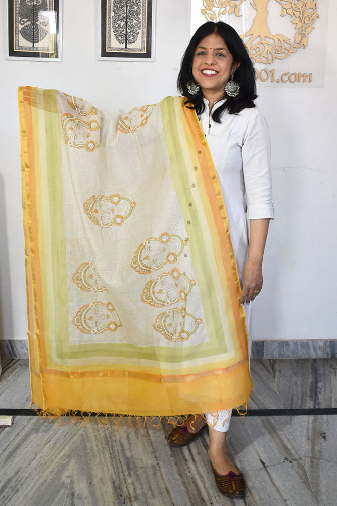 Hand Block Printed & Brush painted  Kota Doria Cotton Dupatta