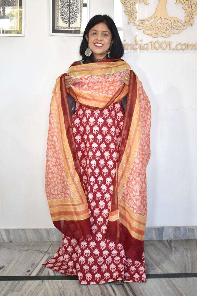 Hand Block Print Cotton suit with Chanderi dupatta