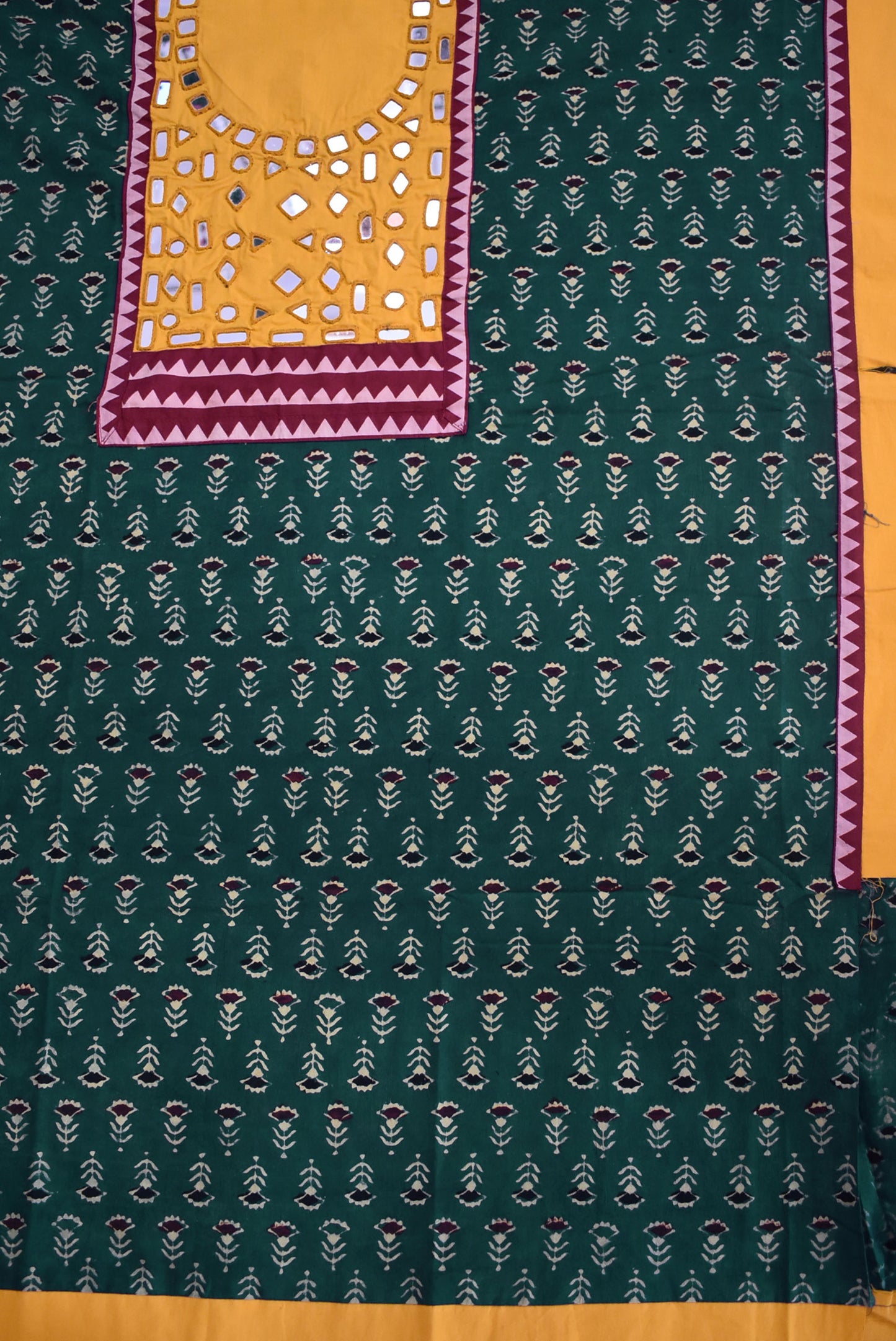 Designer Ajrakh Cotton Short Kurta Fabric with Kutch Mirror Work patch