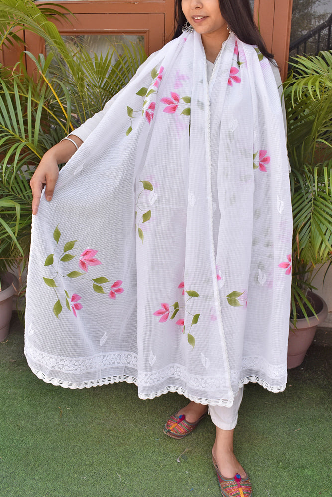 Kota Cotton Dupatta with Hand Paint, Hand Chikankari embroidery & crochet borders on all sides