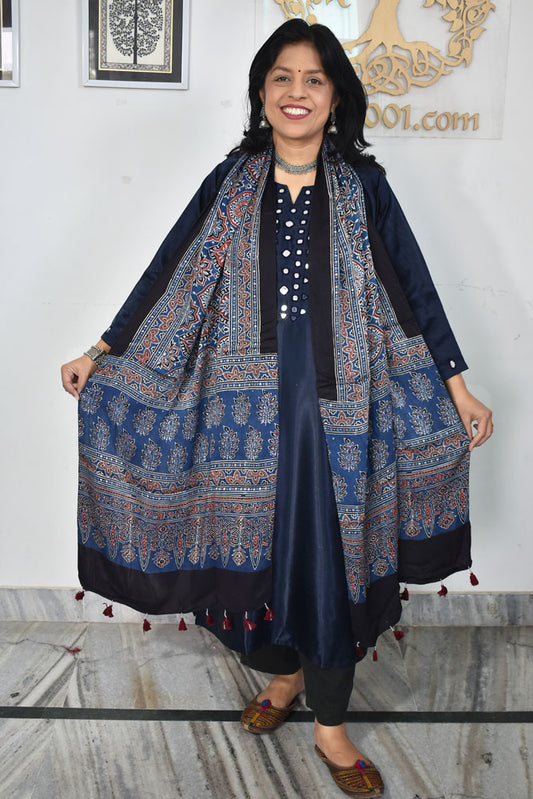 Beautiful Hand Block Printed Ajrakh Modal Silk stole with Tassels