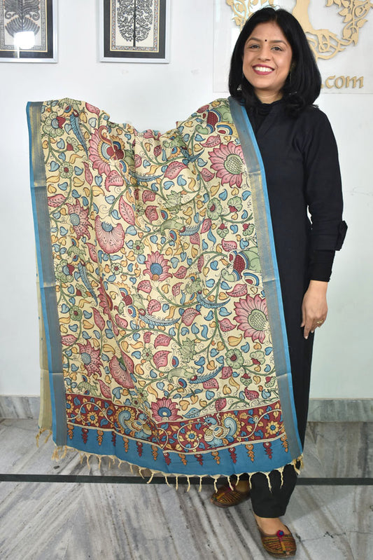 Beautiful Bangalore Cotton Silk Hand Painted Kalamkari Dupatta