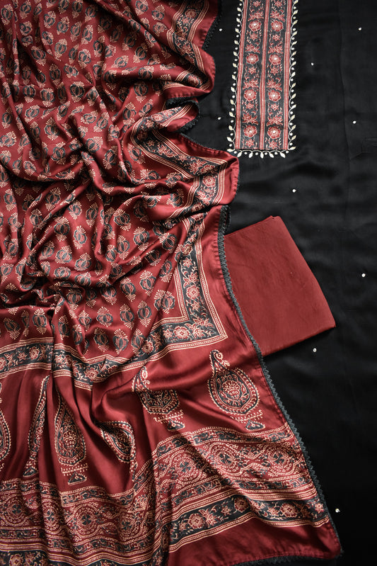 Hand Block print Modal Silk suit with Foil mirrors and Gota Patti Work