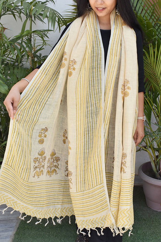 Elegant Hand Block Printed Pure Linen dupatta