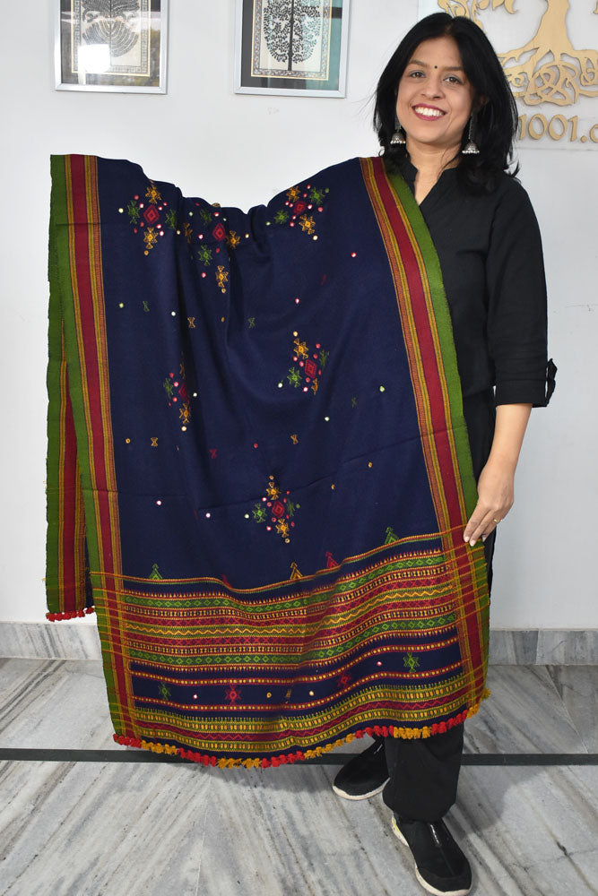 Handwoven Bhujodi Mirror Work Wool Stole / Shawl