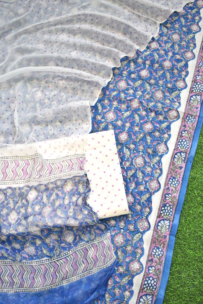 Hand Block Printed Cotton unstitched suit fabric with Chiffon dupatta