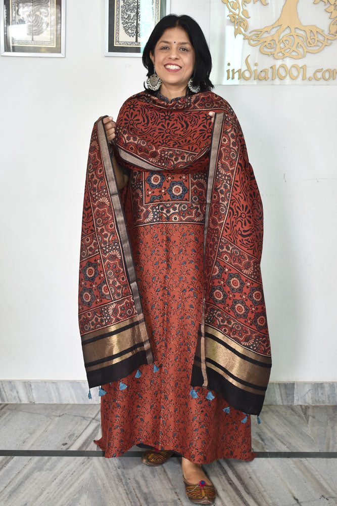 Beautiful Hand Block printed Kutch Ajrakh Chanderi Kurta and Lagdi patta dupatta set