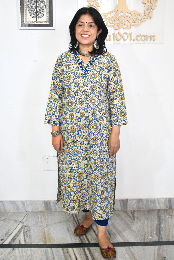 Beautiful Hand Block Printed Ajrakh Cotton kurta with Kutch Mirror work , Size 38 to 50 ( all sizes)