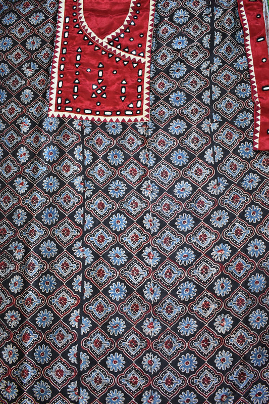 Designer Ajrakh Mashru Kurta Fabric with Kutch Mirror Work patch