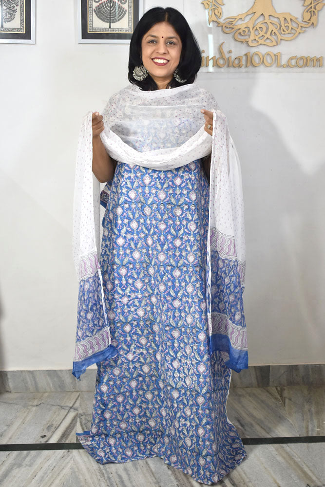 Hand Block Printed Cotton unstitched suit fabric with Chiffon dupatta