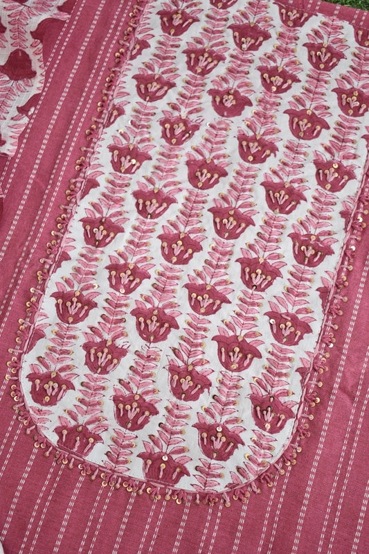 Beautiful  Cotton Unstitched Suit with Neck patch, Intricate Hand Embroidery & Block print  dupatta