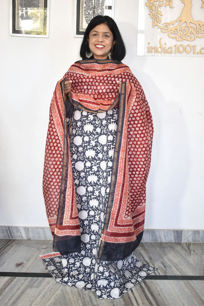 Hand Block Print Cotton suit with Chanderi dupatta