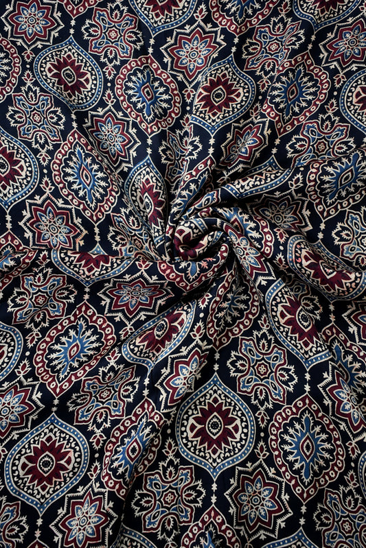 Beautiful Modal Silk Ajrakh Hand Block Print Fabric - 2.5 mtrs cut