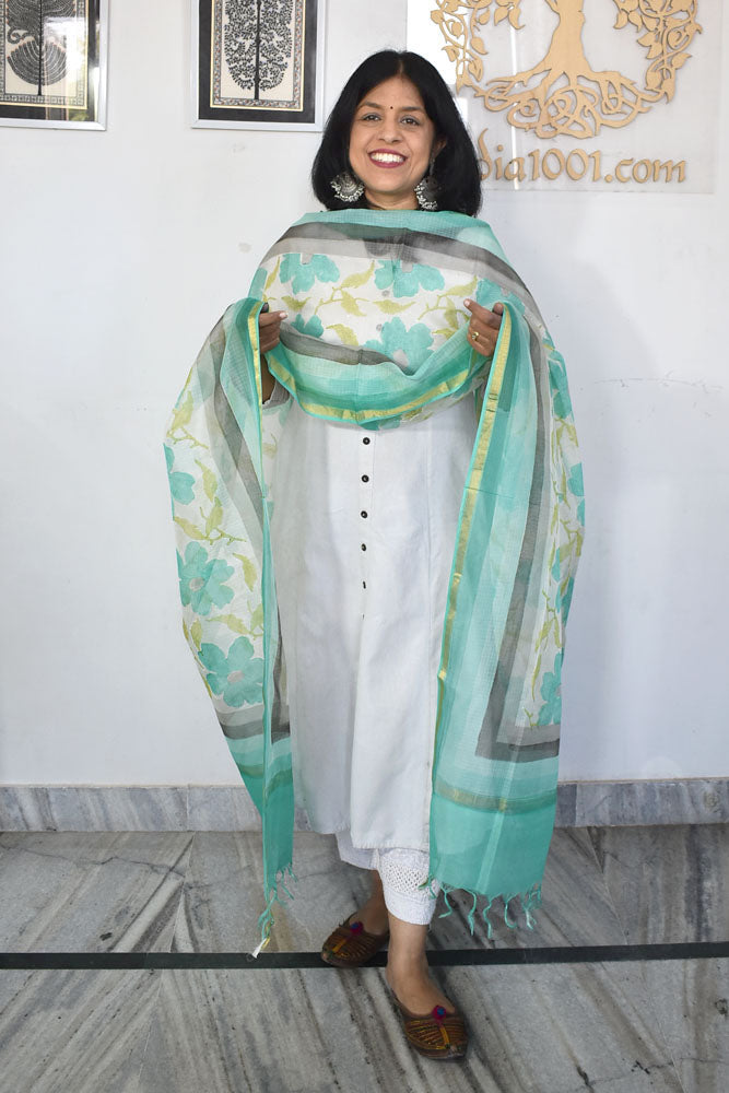 Hand Block Printed & Brush painted  Kota Doria Cotton Dupatta