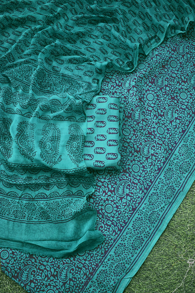 Classic Bagh Block Printed unstitched suit fabric with chiffon dupatta