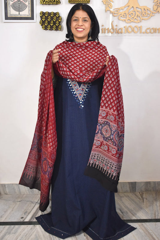 Beautiful  Cotton Unstitched Suit with Neck patch, Intricate Hand Embroidery & Block print Muslin dupatta