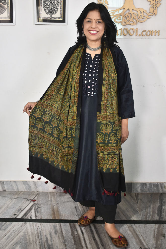 Beautiful Hand Block Printed Ajrakh Modal Silk stole with Tassels