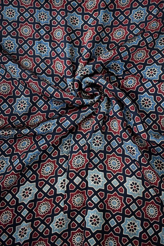 Beautiful Modal Silk Ajrakh Hand Block Print Fabric - 2.5 mtrs cut