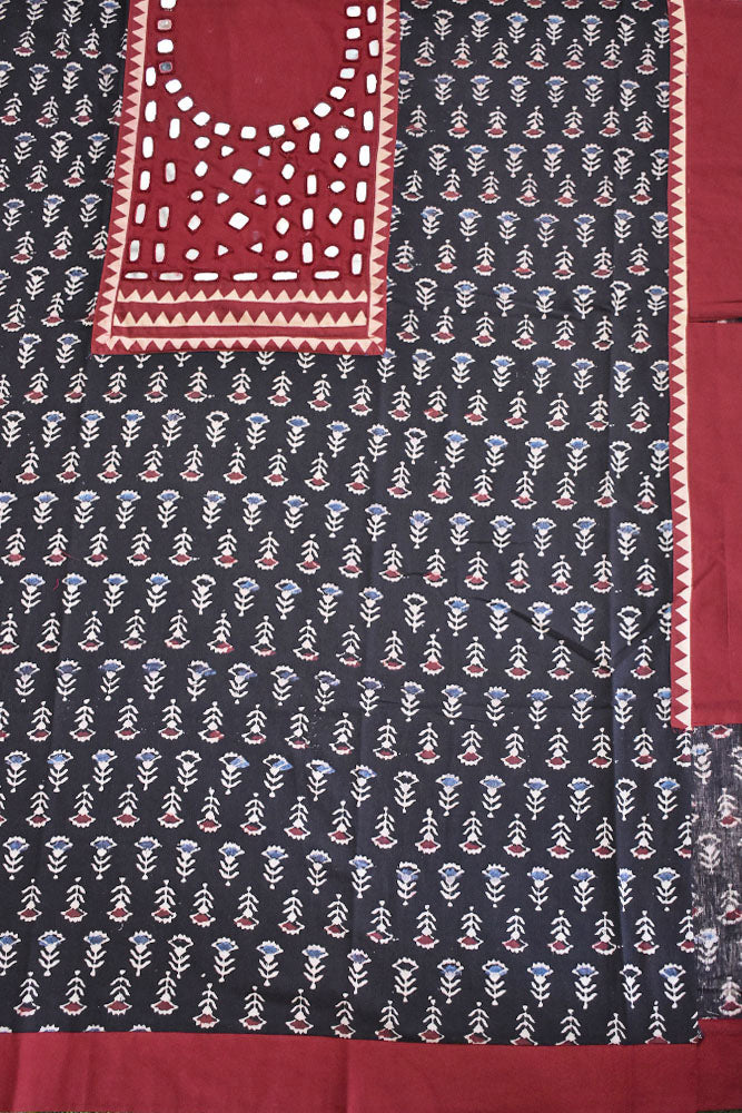 Designer Ajrakh Cotton Short Kurta Fabric with Kutch Mirror Work patch