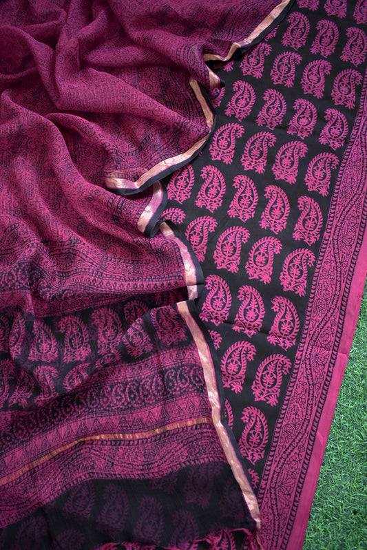 Classic Bagh Block Printed unstitched suit fabric with Kota Doria dupatta
