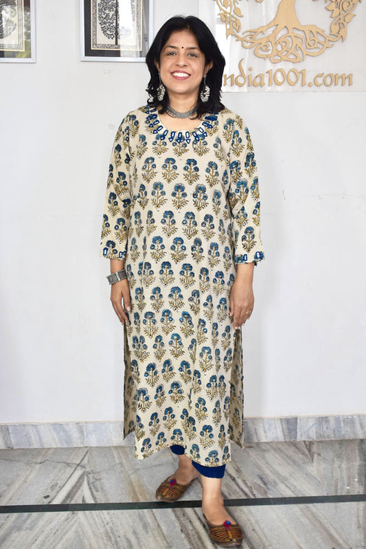 Beautiful Hand Block Printed Ajrakh Cotton kurta with Kutch Mirror work , Size 38 to 50 ( all sizes)