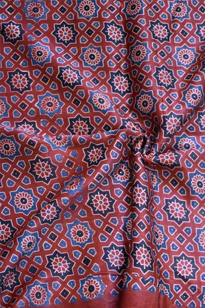 Hand Block printed Ajrakh Mashru silk fabric- Length : 2.5 mtrs & 3 mtr option