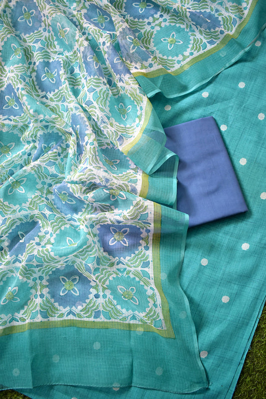 Elegant woven Dobby Cotton kurta with Block print Kota dupatta and cotton bottom